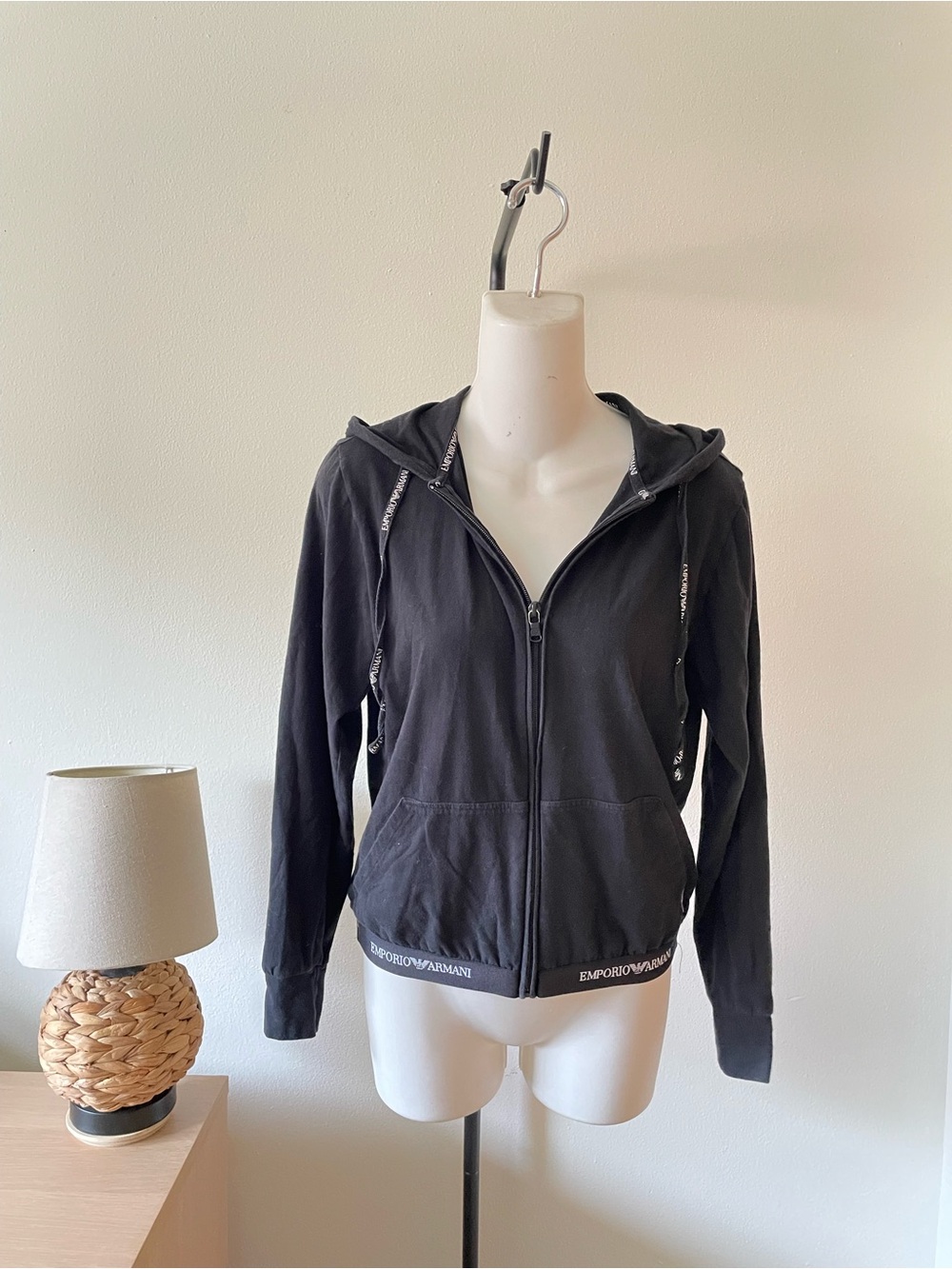Emporio Armani Black Hooded Zip Jacket with Logo Trim